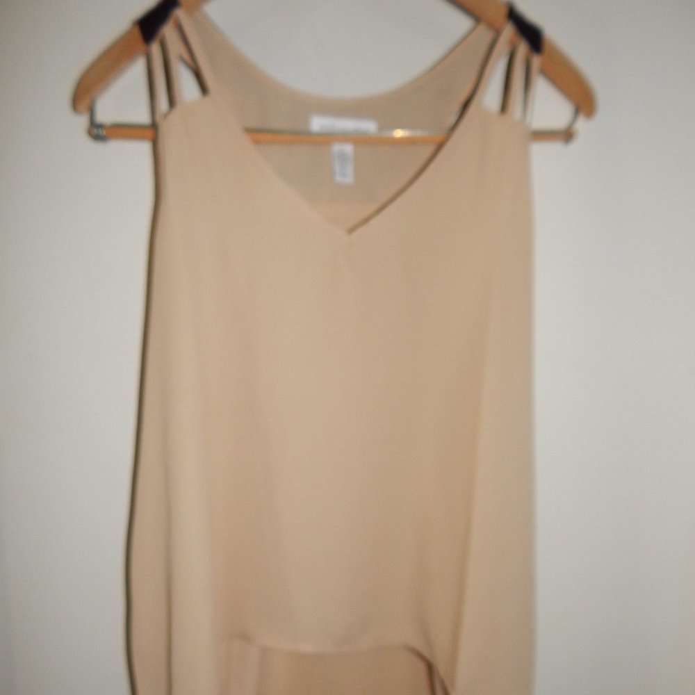 Ambience Apparel Sheer Flowy Sleeveless Top With Faux Leather Detail